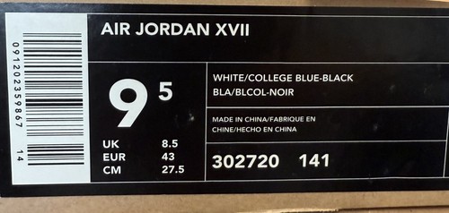 Taglia 9,5 Air Jordan 17 XVII OG College Blue Wizards Home 2002 con custodia 302720-141 H - Foto 13 di 13