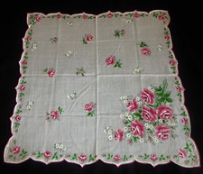 Vintage Hankie Shades of Pink Rose Rosebuds Floral Snow White Backdrop Scalloped