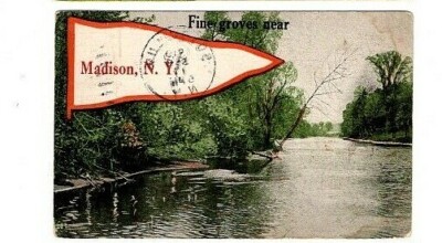 1919 Pennant Flag Postcard. Fine Groves Near Madison, New York. 
