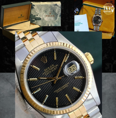 Rolex Datejust 16233 Two-Tone 18KY & SS Black Tapestry Dial Watch
