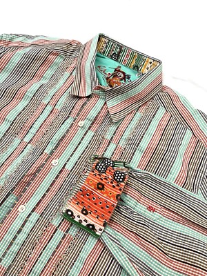 ROBERT GRAHAM Flip Cuff Shirt Men's XL Button Up Striped Embroidered Colorful