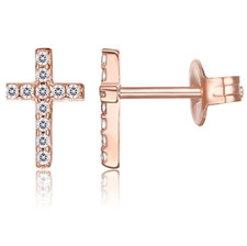 Rose Gold Plated Sterling Silver Cz Cross Stud Earrings Women Girl Gift Box A7