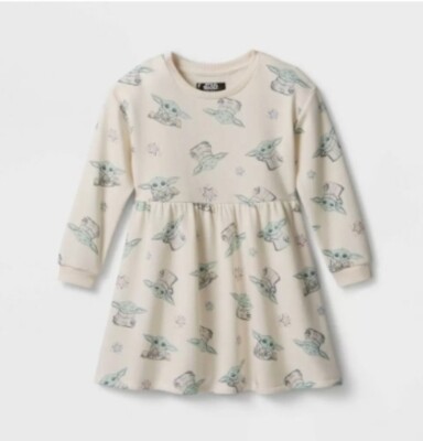 Toddler Girls' Baby Yoda Grogu Skater Dress-Cream 4T Ivory Warm Winter Star Wars