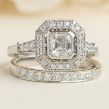 Art Deco Style Asscher Lab Created Diamond 14K White Gold FN Wedding Ring Set