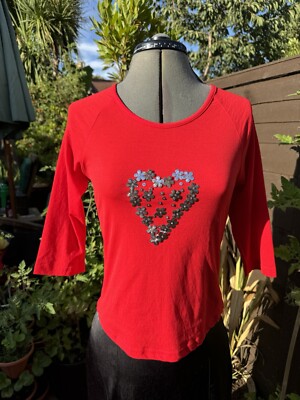 New Best Basics Red Floral Heart Sequin 3/4 Sleeve Top Uk 12