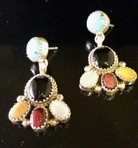 Navajo signierte Ohrhänger Sterlingsilber mehrere Steine Ohrringe Sally Yazzie - Bild 1 von 12