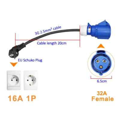 32A Blue CEE Socket to 16A EU Schuko Plug Adapter 7KW to 3.5KW Charging Adapter