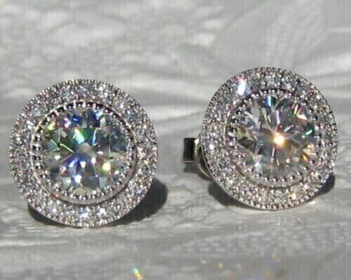 3Ct Round Lab Diamond Halo Stud Earrings in 14K White Gold