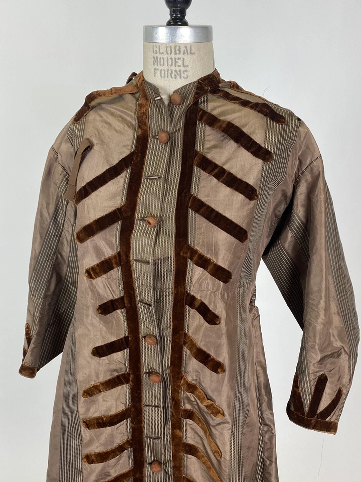 Antique 1860s Brown Striped Silk Long Coat Jacket With Velvet Trim￼ -AS IS - Image 2 of 4