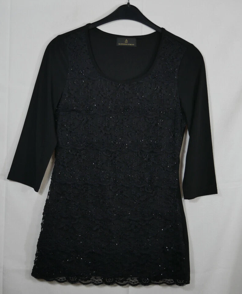 ALFREDO PAULY Elegantes Stretch Blusen Shirt Schwarz Spitze Glitzer Steine Gr 38 - Bild 1 von 4