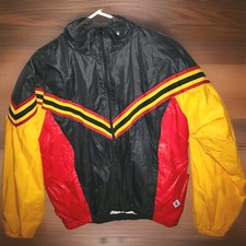 Cheer/Dance Chevron Nylon Jacket.Red Black,Gold Sz L Made in USA