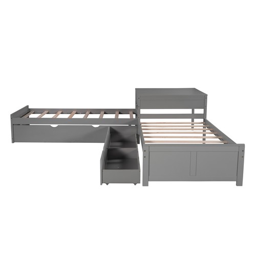 L-shaped Platform Bed with Trundle and Drawers Linked with built-in Desk,Twin,Gr - Picture 9 of 12