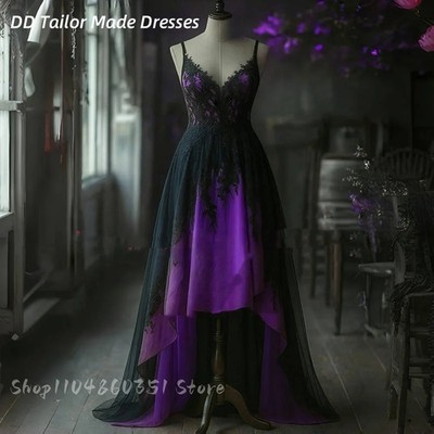 purple dress with black lace overlay High Low Gothic Wedding And A-Line Vintage Bridal Gown Color:Black Fil Coupé All dresses come with Suit or Tux Pants Long Sleeves Tulle Wedding