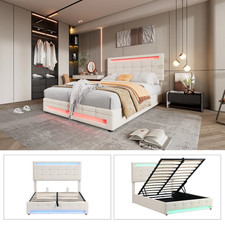 Image of Velvet Upholstered Double Bed with Storage, Remote Control LED Light, Iron Frame