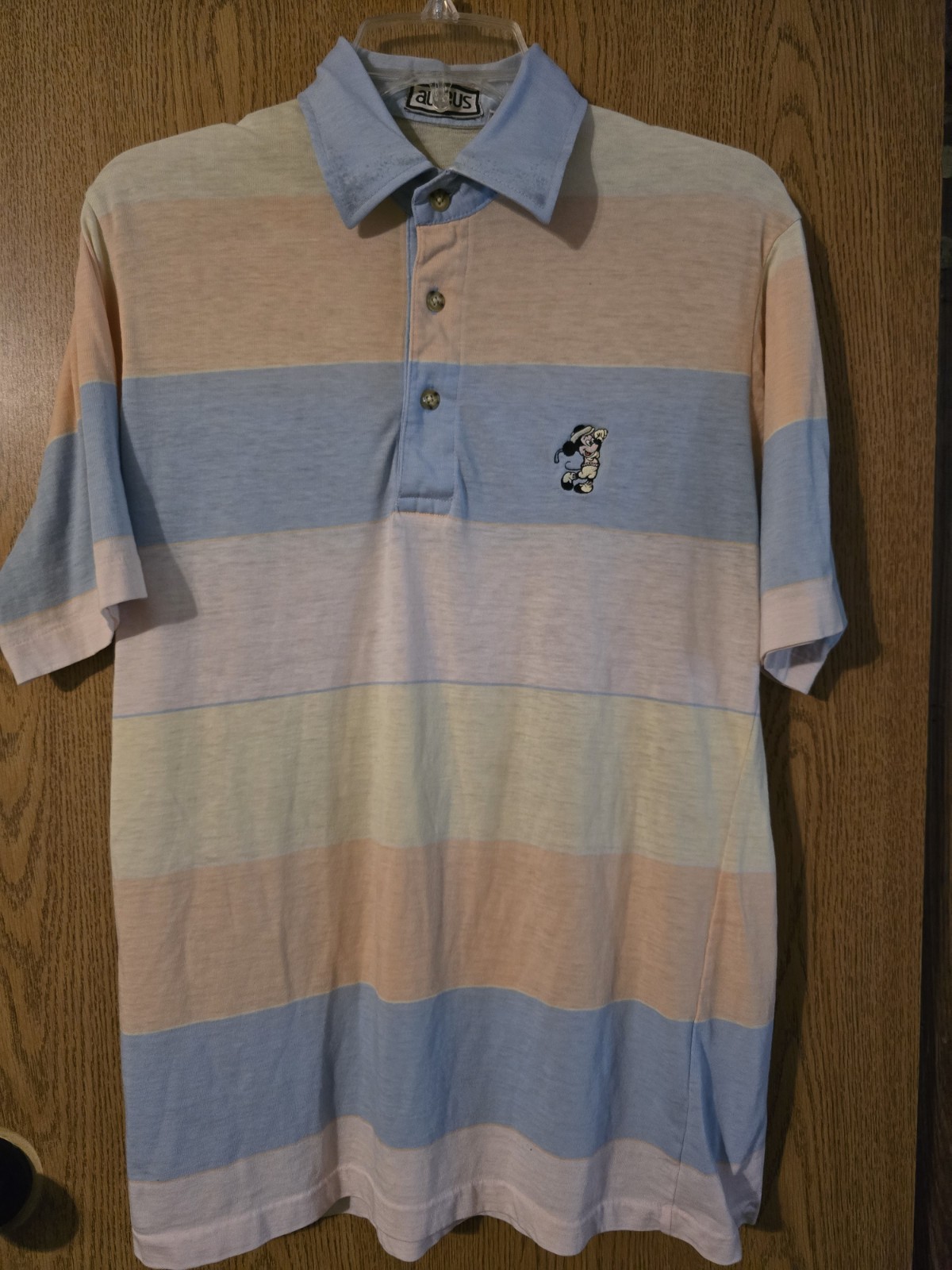 Vintage Aureus Polo Shirt M Made in Japan Disney Mickey Mouse Pastel Striped 80s