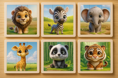 Puzzle Set - 6 niedliche Safari-Babys, Puzzle aus Holz für Kinder
