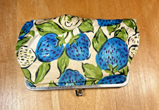 Vintage Make Up or Coin Clutch with Blue Strawberries and Green Leaves Design