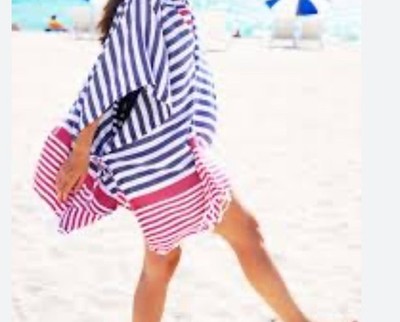 Milo Gift Shop Turkish cotton hooded Striped beach poncho Red,white,blue