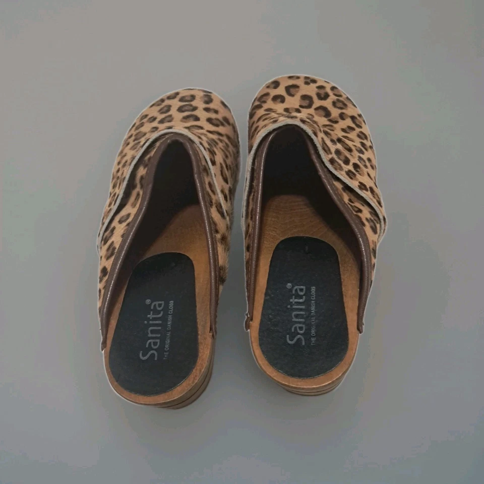 Tamancos dinamarqueses Sanita plataforma de madeira estampa de chita no cabelo da panturrilha tamanho 40 EUA 9 - Imagem 4 de 4