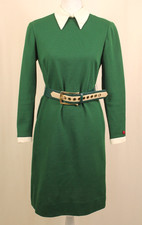 VTG Women's 60s 70s Green Mod Midi Shift Dress W/ White Collar  Belt S/M 1960s