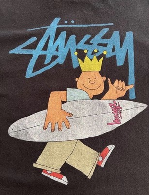 Stussy T-Shirt L Black Crown Surfer Graphic Back Rare CA USA Tag