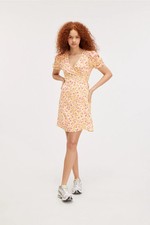 Monki Dress Womens UK4 Yellow Pink Mini Floral Wrap Around Summer Casual NWT