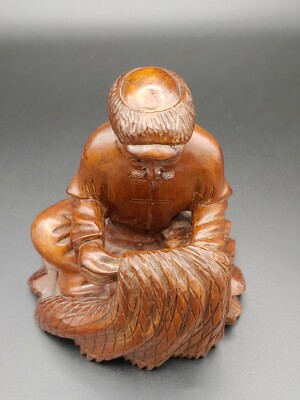古美術 古道具 木彫 黄杨木 人物 漁翁 彫刻置物 オブジェ アンティーク雑貨 文革黄杨木雕渔翁晒网Antique Chinese Revolution Huangyang Boxwood