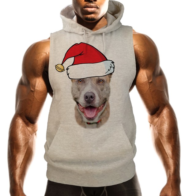 Men's Christmas Pitbull Sleeveless Vest Hoodie Holiday Santa Xmas