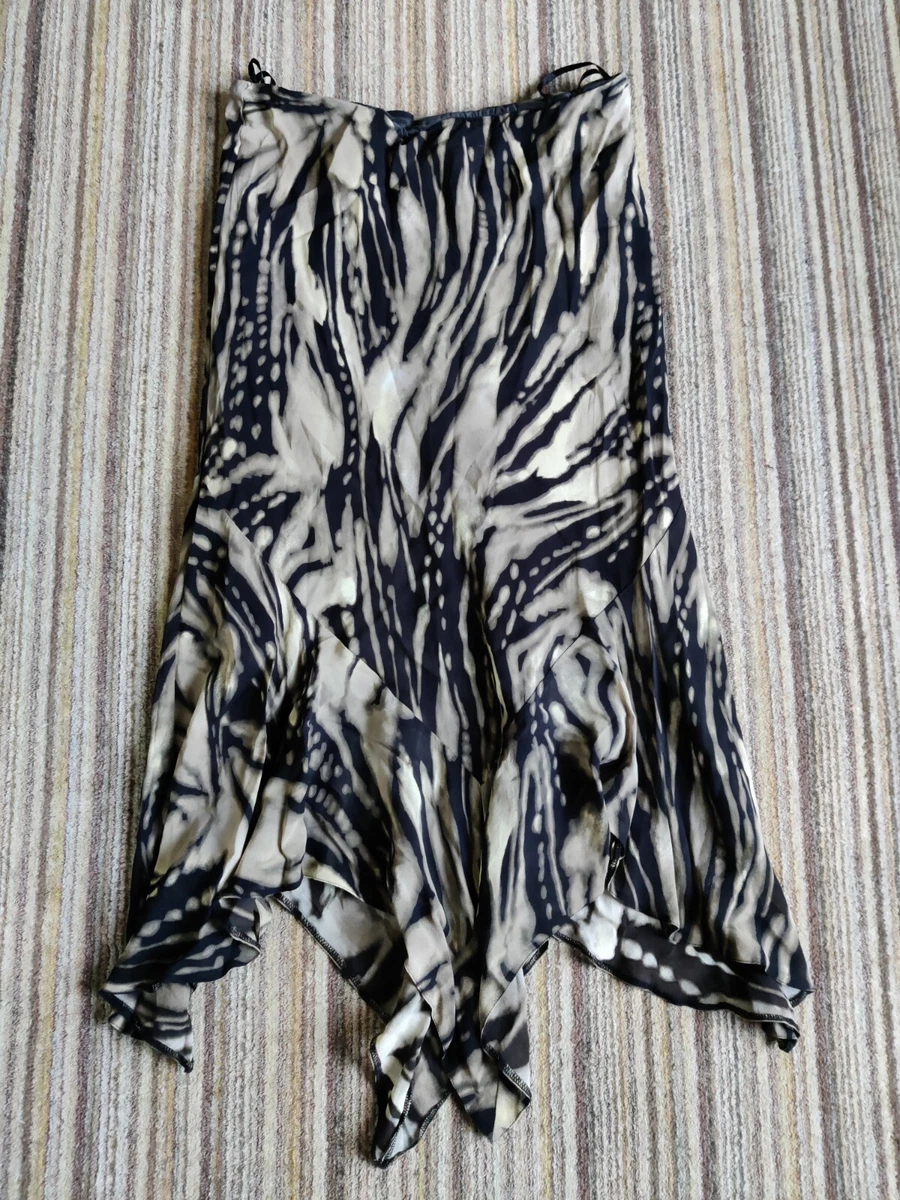 Vtg Wallis Y2K Midi Skirt Black Brown Hanky Hem Chiffon Bias Size
