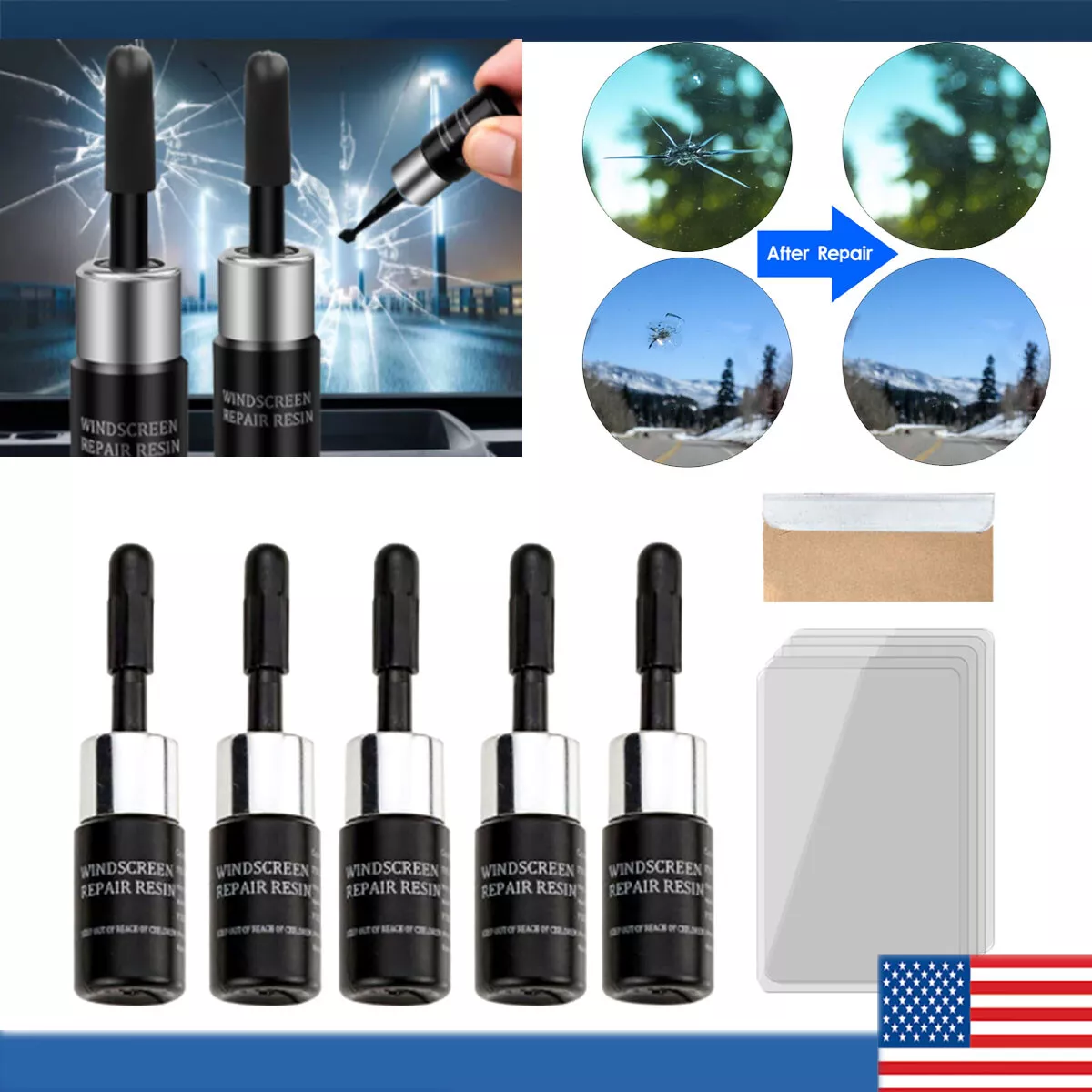 5-Pack Auto Glass Nano Repair Fluid Car Windshield Resin Crack Tool Kit  Crack US