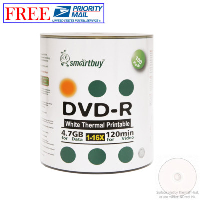 100 Pack Smartbuy Blank DVD-R 16X 4.7GB White Thermal Printable Disc For Everest