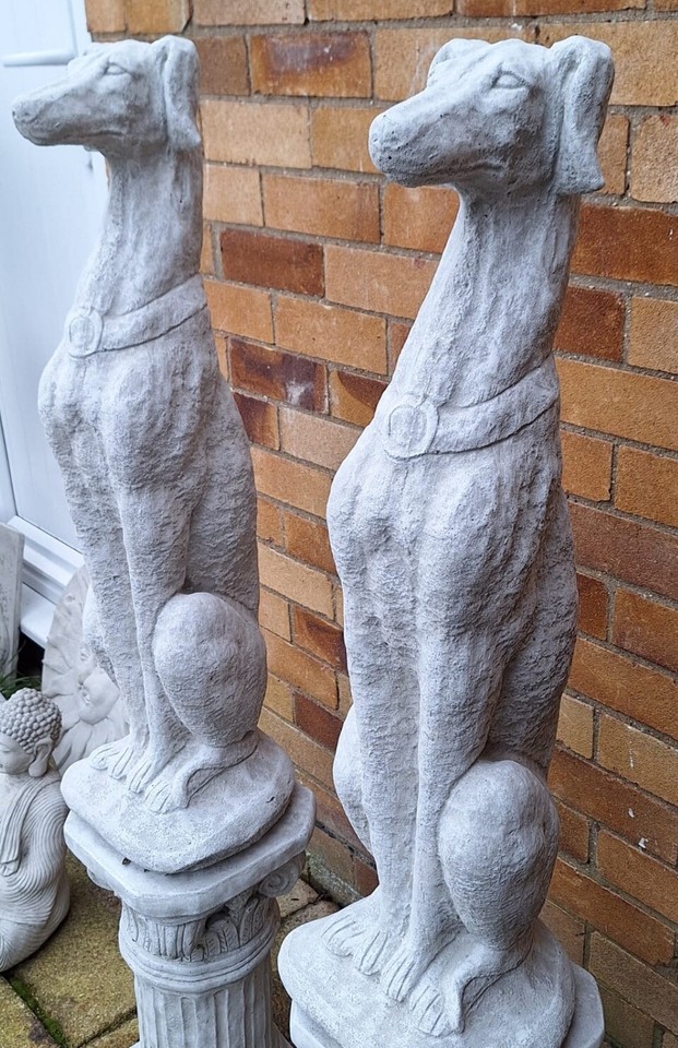Pair Lurchers / Greyhounds on Plinths / Columns Stone Statue Garden