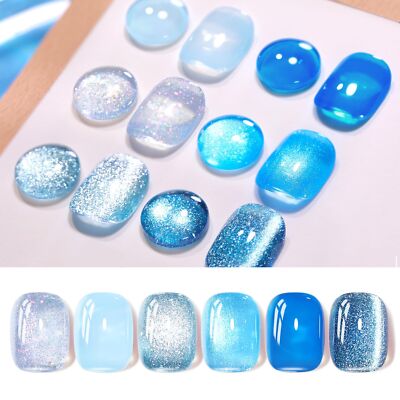 4th of July Gel Nail Polish Set Blue Jelly Cat Eye Glitter Holo 6 Colors DIY NEW