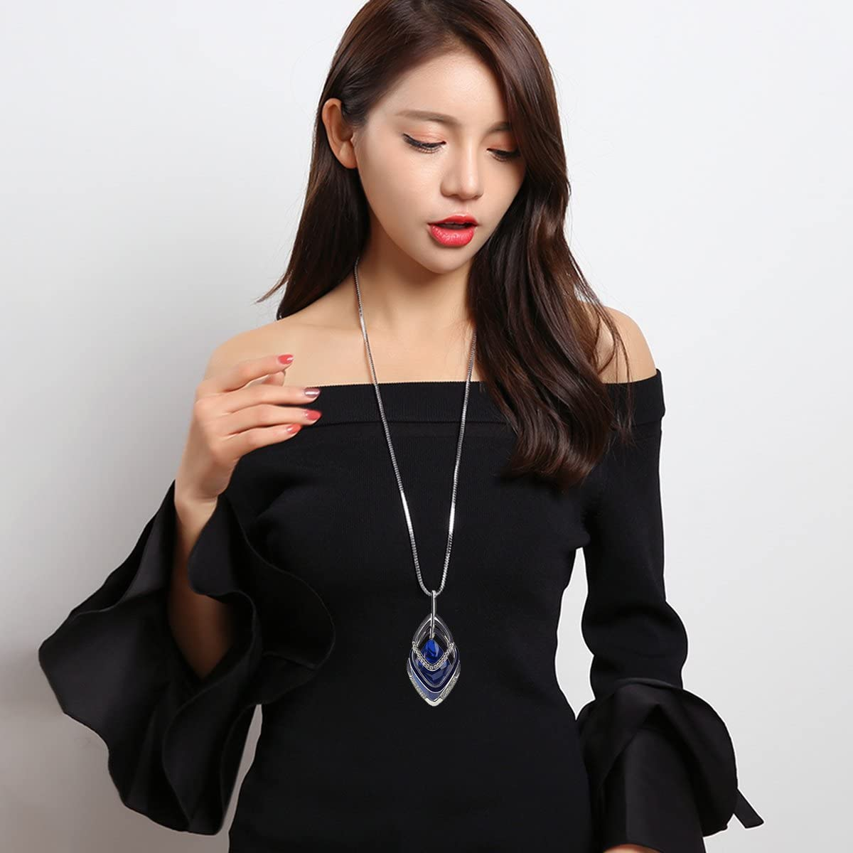 Solid Long Sweater Necklaces for Women Elegant Triple Stack Cubic