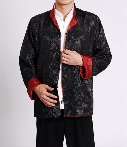 Double Sided Chinese Oriental Mens Kung Fu Satin Dragon Top Long Shirt - Afbeelding 1 van 6