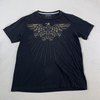 Sean John Shirt Mens Medium Black Embroidered Bedazzled Eagle Short Sleeve Y2K