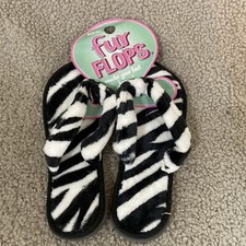 NEW - "Fur Flops" House Slippers Flip Flops - Zebra Print Size 5/6