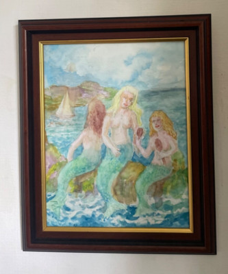 Original Mid Century Cornish Naive Mermaid Seascape Aquarell Gemälde