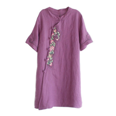 Women Embroidery Dress Ethnic Retro Shirt Short Sleeve Chinese Style Hanfu Top