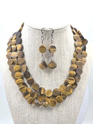 Natural 3 Strand Tiger Eye Round Flat Beaded Necklace Sterling Silver Hook Clasp