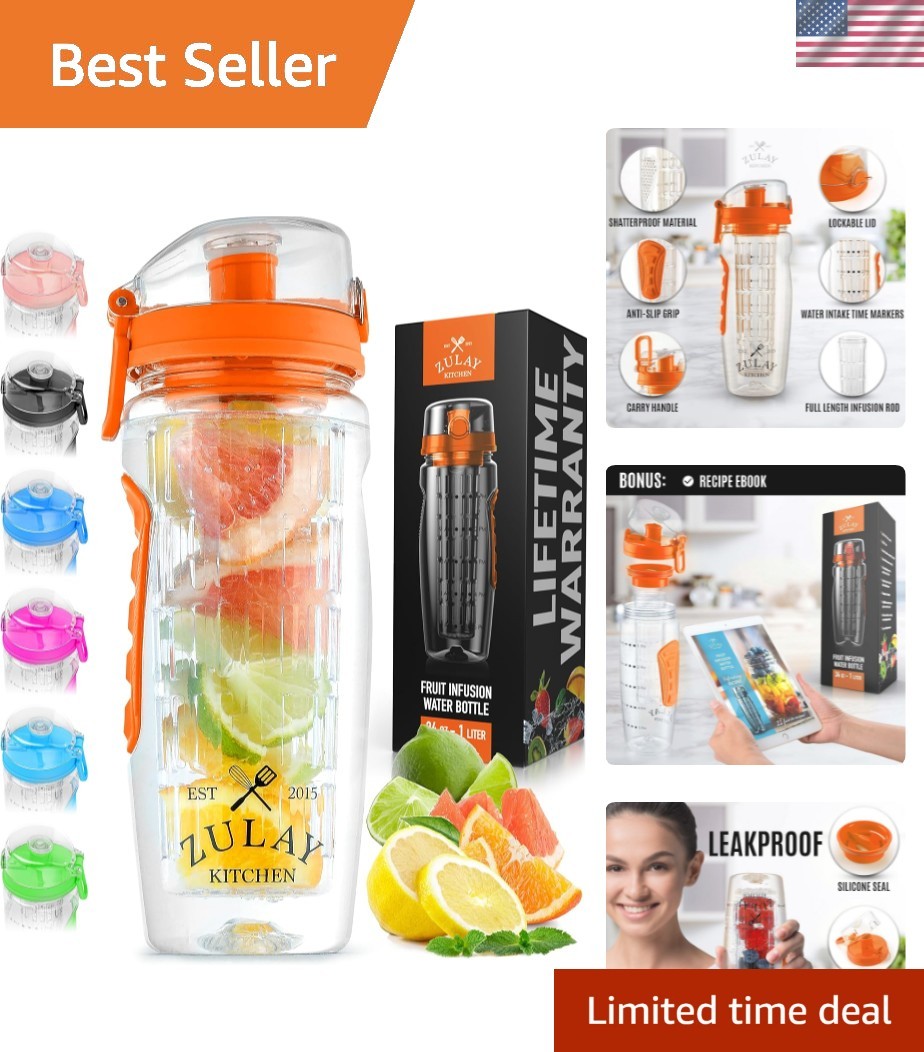 Travel-Friendly 34 oz Infuser Water Bottle with Recipe eBook