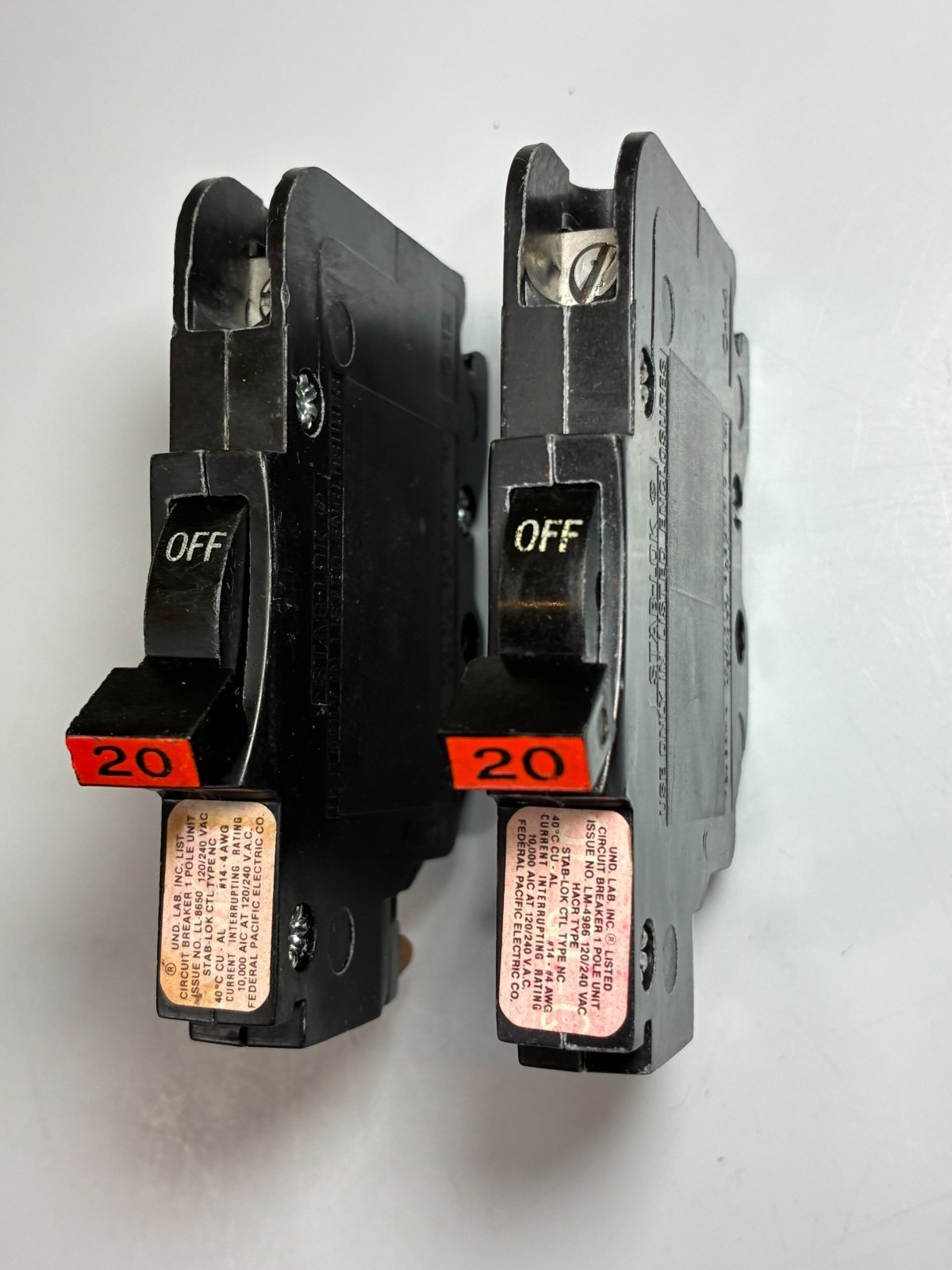 Federal Pacific FPE NC120 20A (SET OF 2) Stab-Lok 1P 120V TESTED 60-DAY WARRANTY