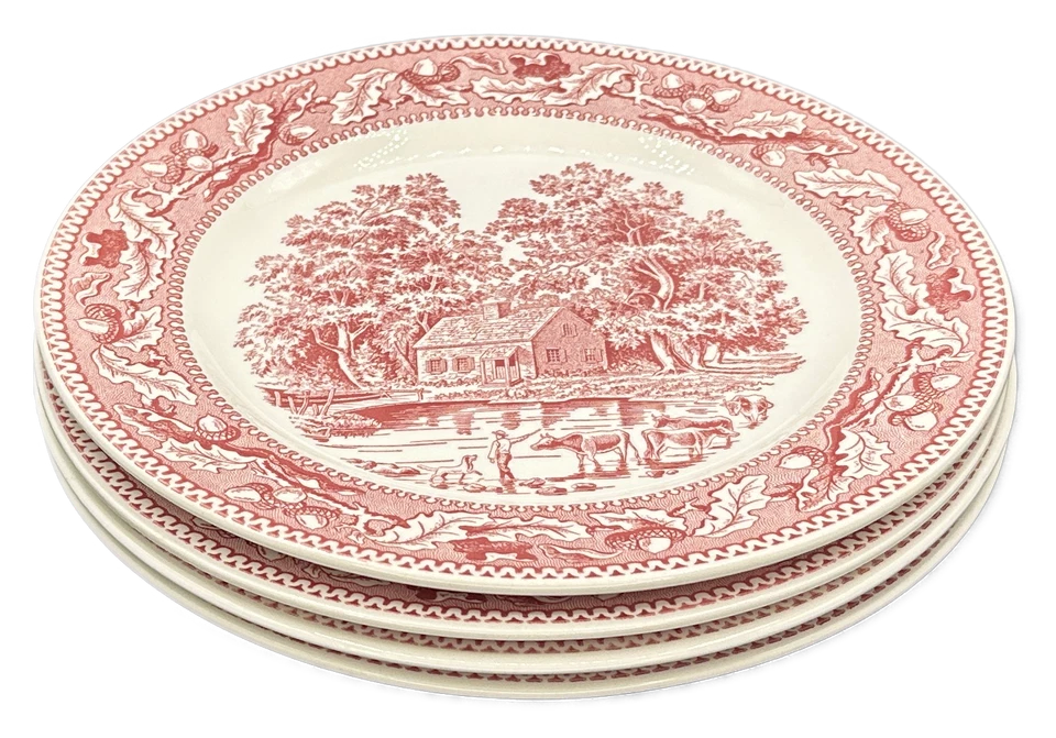 Royal China Memory Lane Pink Dinner Plate Acorns Transferware USA VTG Set of 4 - Image 2 of 4