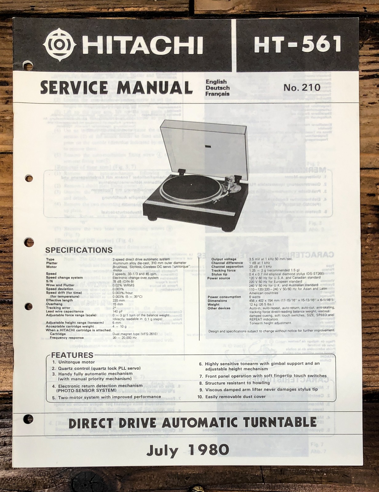 Hitachi HT-561 Record Player / Turntable Service Manual *Original*