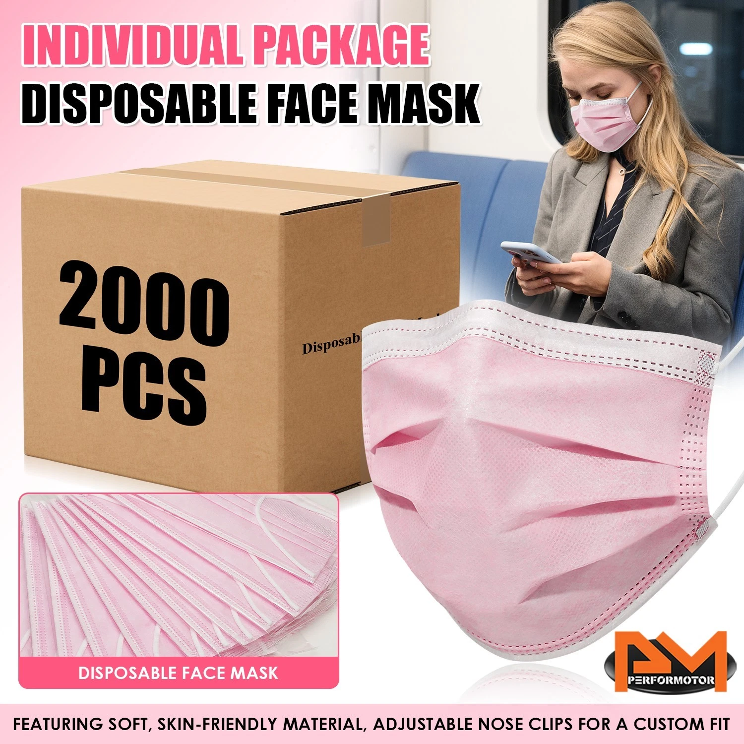 Case of 40 Boxes - Pink 3-Ply Individual Package Disposable Face Mask 2000 Pcs