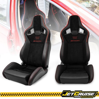 Universal Reclinable 2x Racing Seats + Dual Slider Suede PU Carbon Leather Red