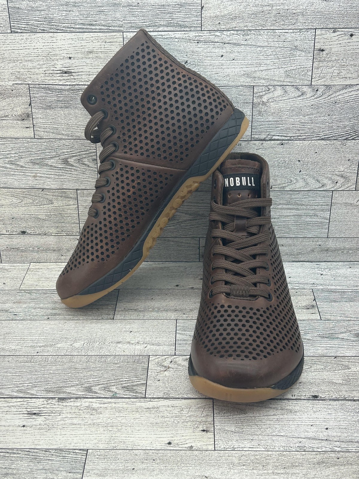 SAOLA Scarpe NOBULL donna taglia 7 5 marrone alte scarpe da ginnastica pelle traforata suola gomma