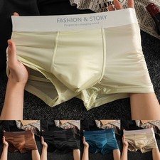 Mid Waist Men's Ice Silk Boxer Shorts Glossy Satin-Like Trunks Underwear