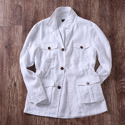 100% Linen Men British Outdoor Coat Safari Jacket Multi Pockets Hunting Coat Top