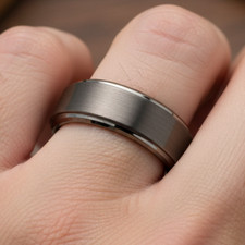8mm Gunmetal Tungsten Wedding Band with Brushed Textured Center Stepped Edges